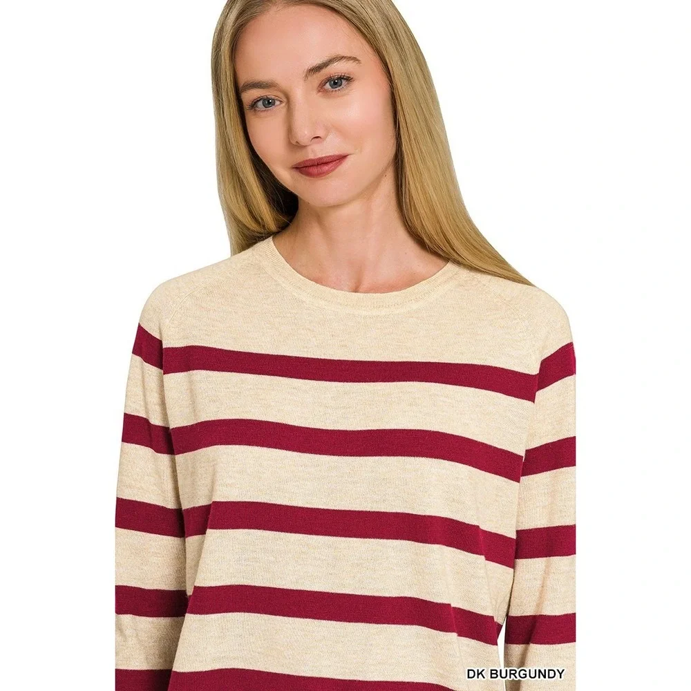 Zenana Lightweight Wool Blend Striped‎ Round Neck Sweater - Medium